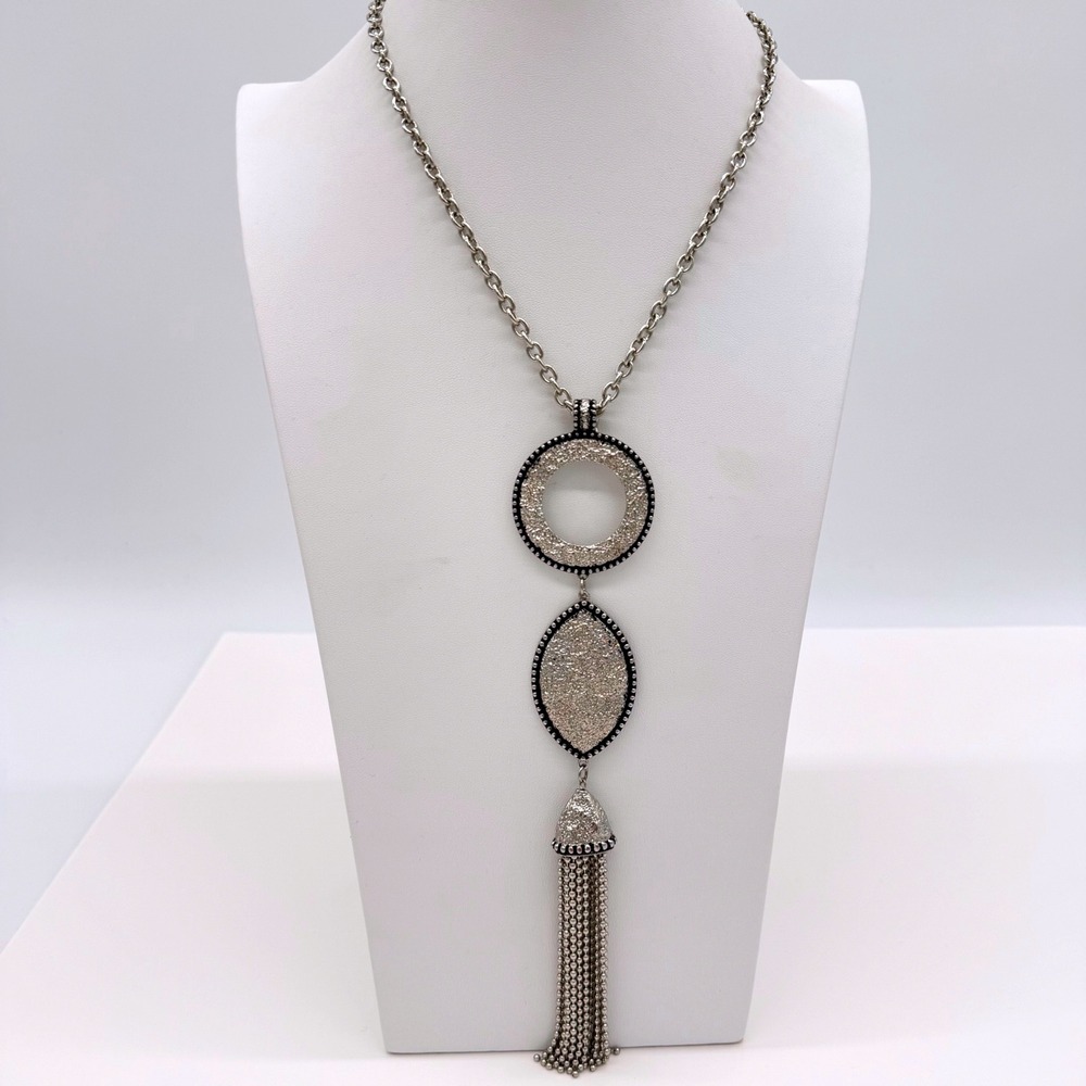 Erica Lyons Druzy Style Tassel Necklace Long Silver Tone Statement Glam